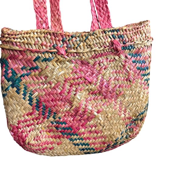 Woven Straw Tote Bag With Pink & Green Pattern - Picture 2 of 5